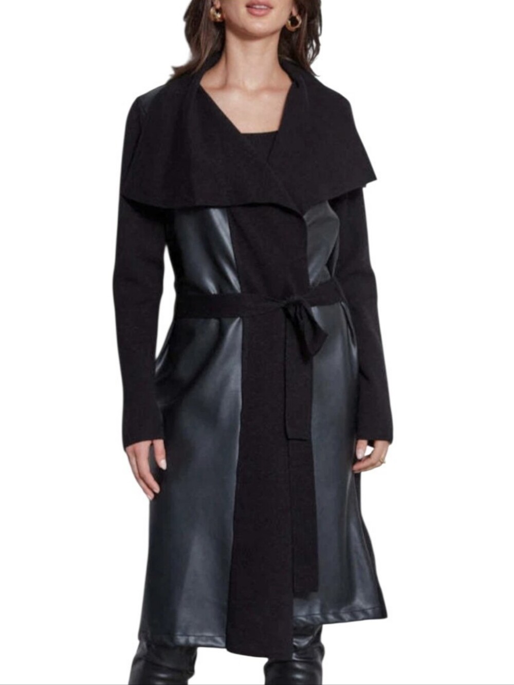 T Tahari Black Vegan Leather Knit Sweater Jacket w/ Self-Tie Belt